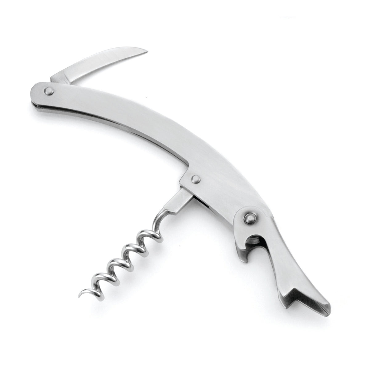 A stainless steel waiter's corkscrew with a curved handle, spiral worm, bottle opener, and a fold-out serrated knife, all extended on a white background. This dishwasher safe multi-tool is perfect for opening wine bottles.