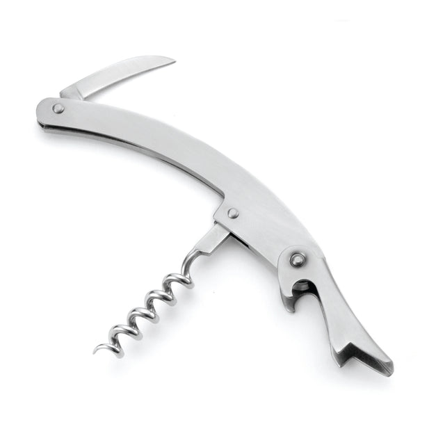 A stainless steel waiter's corkscrew with a curved handle, spiral worm, bottle opener, and a fold-out serrated knife, all extended on a white background. This dishwasher safe multi-tool is perfect for opening wine bottles.