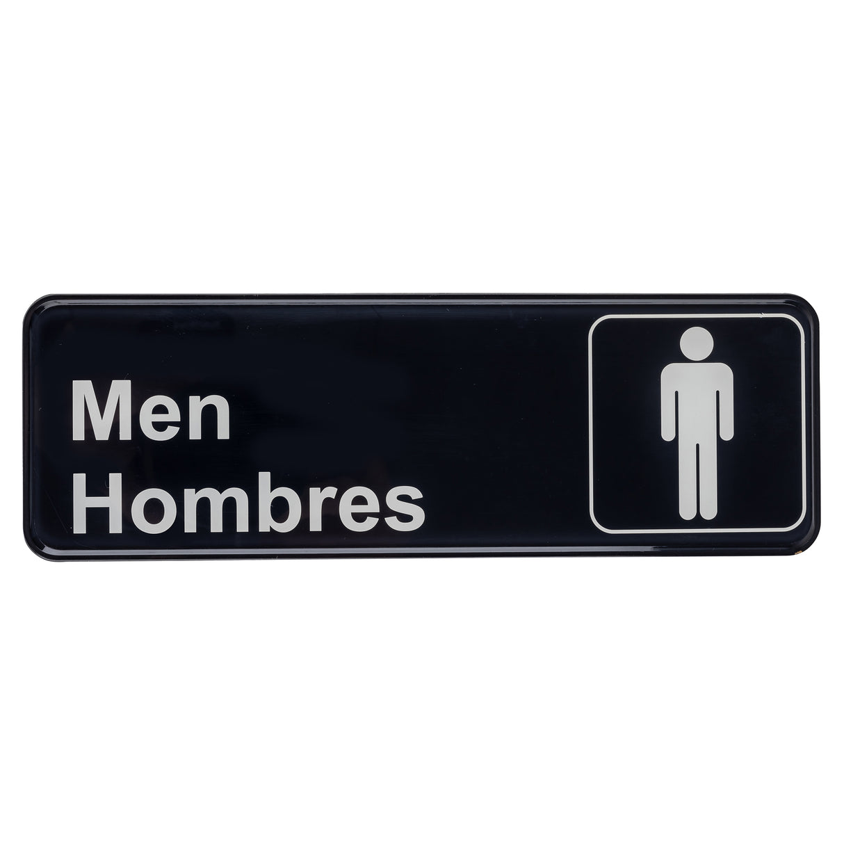 A rectangular black polystyrene Men Sign with white text reads Men and Hombres (Spanish for men). To the right, a simple white male stick figure icon inside a box indicates a men's restroom.