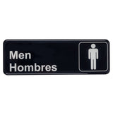 A rectangular black polystyrene Men Sign with white text reads Men and Hombres (Spanish for men). To the right, a simple white male stick figure icon inside a box indicates a men's restroom.