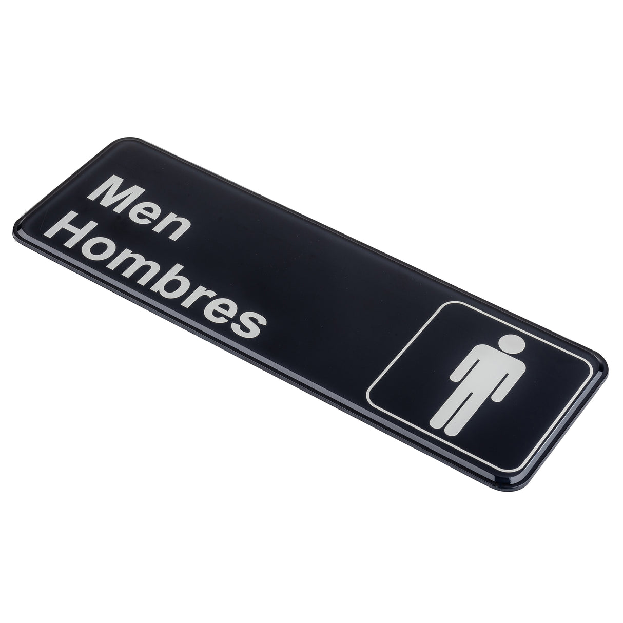 A rectangular black Men Sign made of durable polystyrene features white text reading Men Hombres and an icon of a person. The words are stacked on the left, while the person symbol is on the right side of the sign.