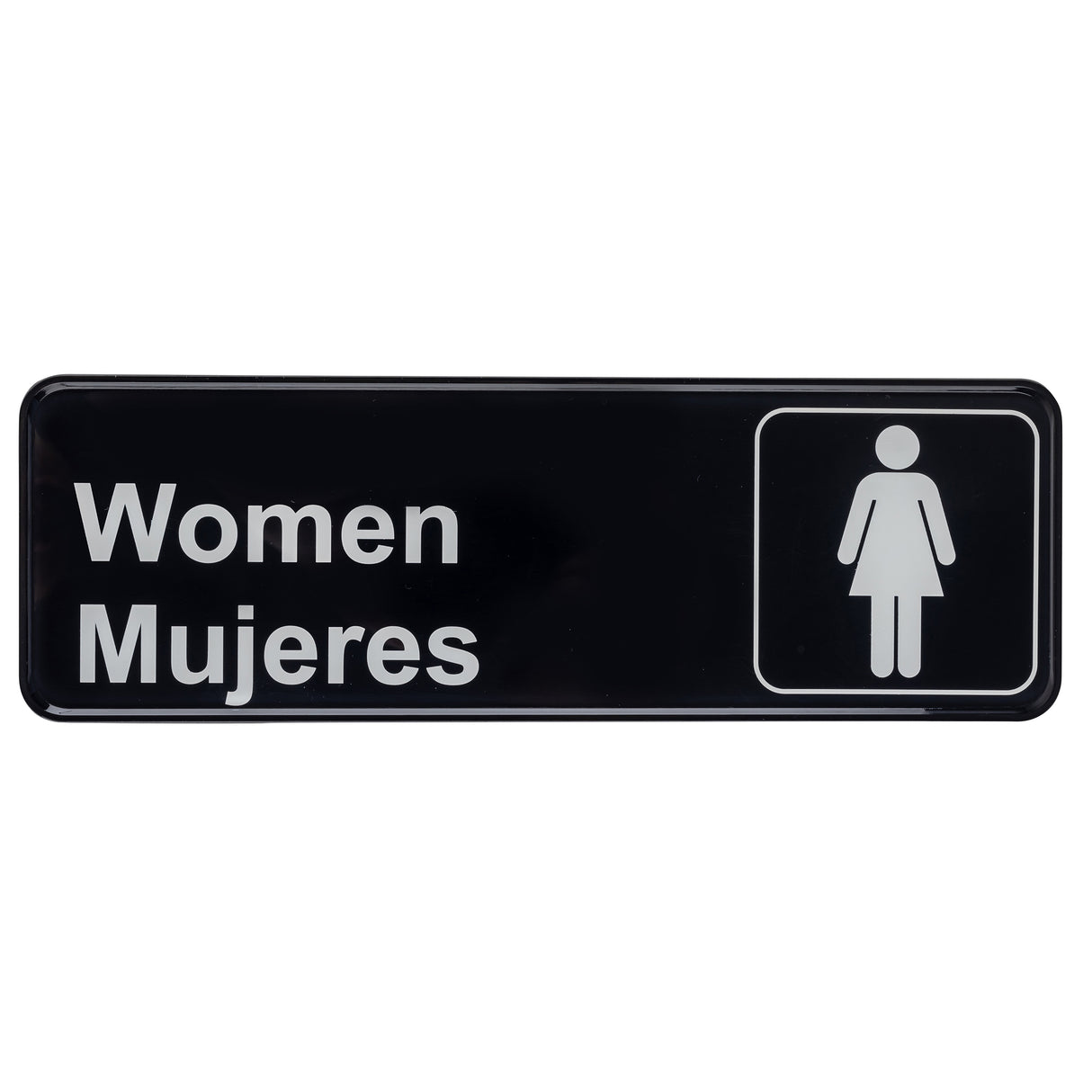 A black rectangular polystyrene women sign with white text reading Women Mujeres and a simple female icon inside a square on the right, indicating a women's restroom in both English and Spanish.