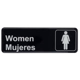 A black rectangular polystyrene women sign with white text reading Women Mujeres and a simple female icon inside a square on the right, indicating a women's restroom in both English and Spanish.