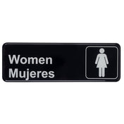 A black rectangular polystyrene women sign with white text reading Women Mujeres and a simple female icon inside a square on the right, indicating a women's restroom in both English and Spanish.