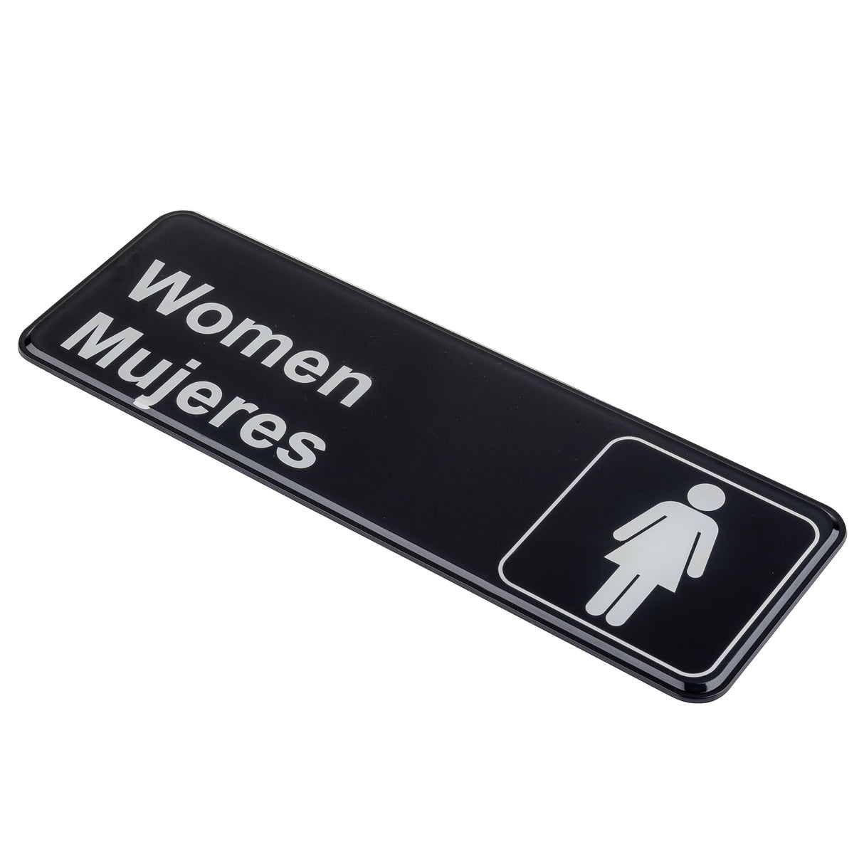 A rectangular black polystyrene women sign with white text that reads Women Mujeres and an icon of a woman in a dress, set inside a white-bordered square on the right side of this cash and carry sign.