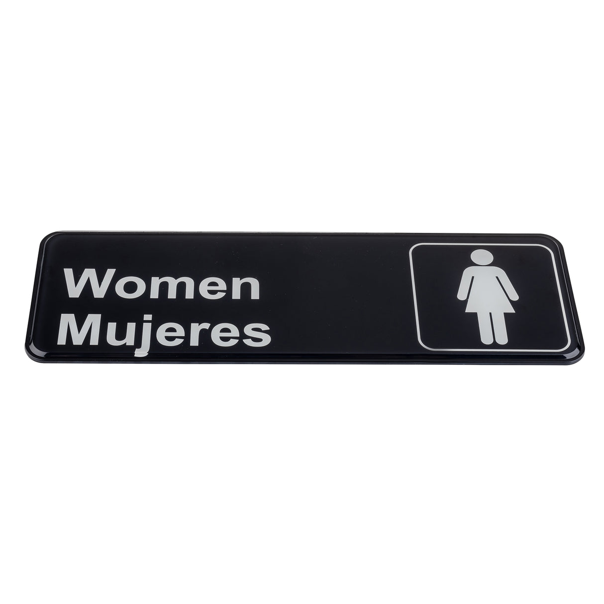 A rectangular black women sign with white text that reads Women above Mujeres. To the right, a simple white icon of a female figure sits within a rectangle, indicating a women’s restroom. Durable polystyrene ensures long-lasting use.