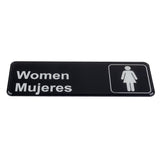 A rectangular black women sign with white text that reads Women above Mujeres. To the right, a simple white icon of a female figure sits within a rectangle, indicating a women’s restroom. Durable polystyrene ensures long-lasting use.