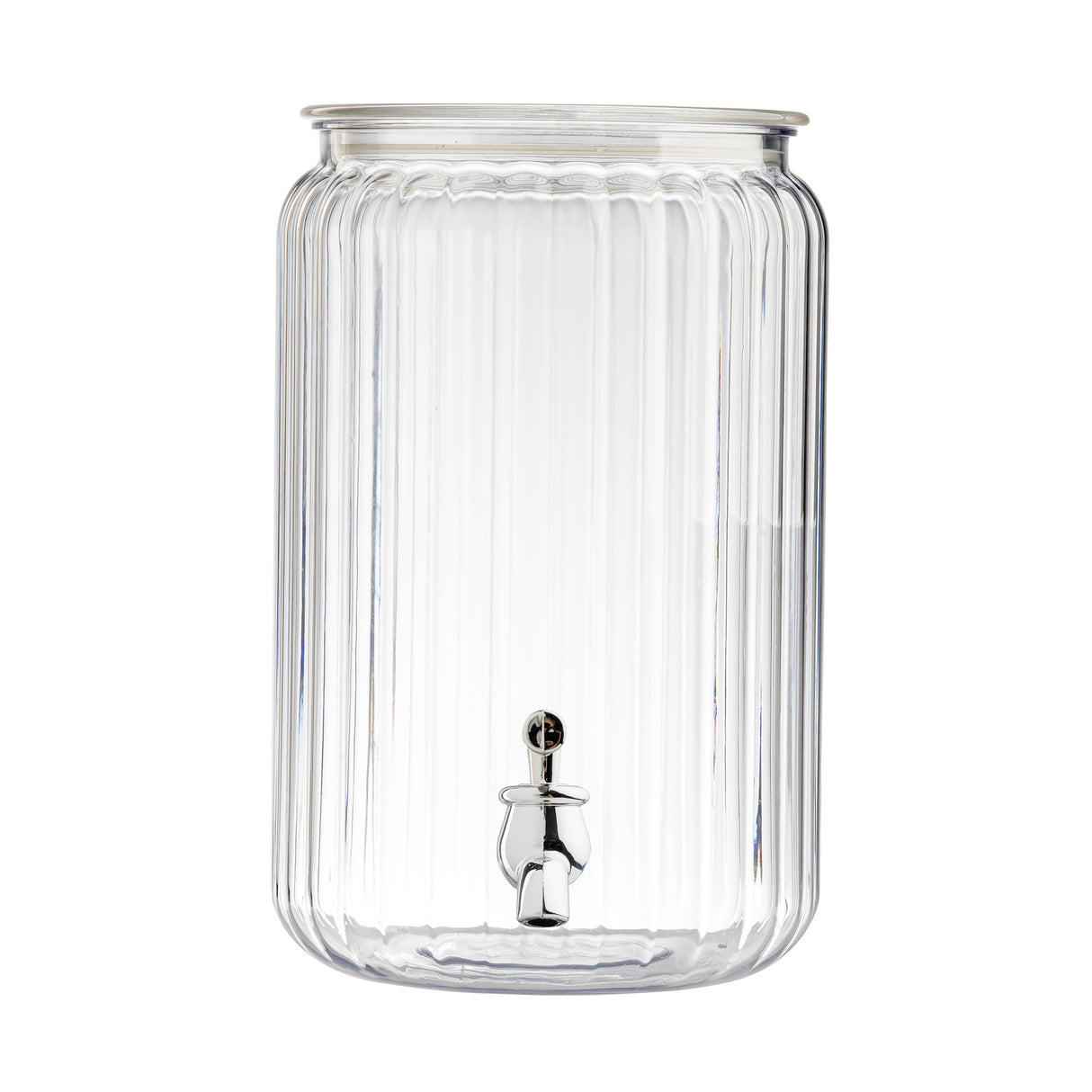 A large, clear 2-gallon beverage dispenser with vertical ribbed lines, a wide opening at the top, and a shiny silver spigot at the bottom front for pouring drinks. The acrylic dispenser is empty and shown against a white background.