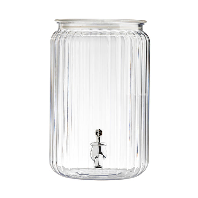 A large, clear 2-gallon beverage dispenser with vertical ribbed lines, a wide opening at the top, and a shiny silver spigot at the bottom front for pouring drinks. The acrylic dispenser is empty and shown against a white background.