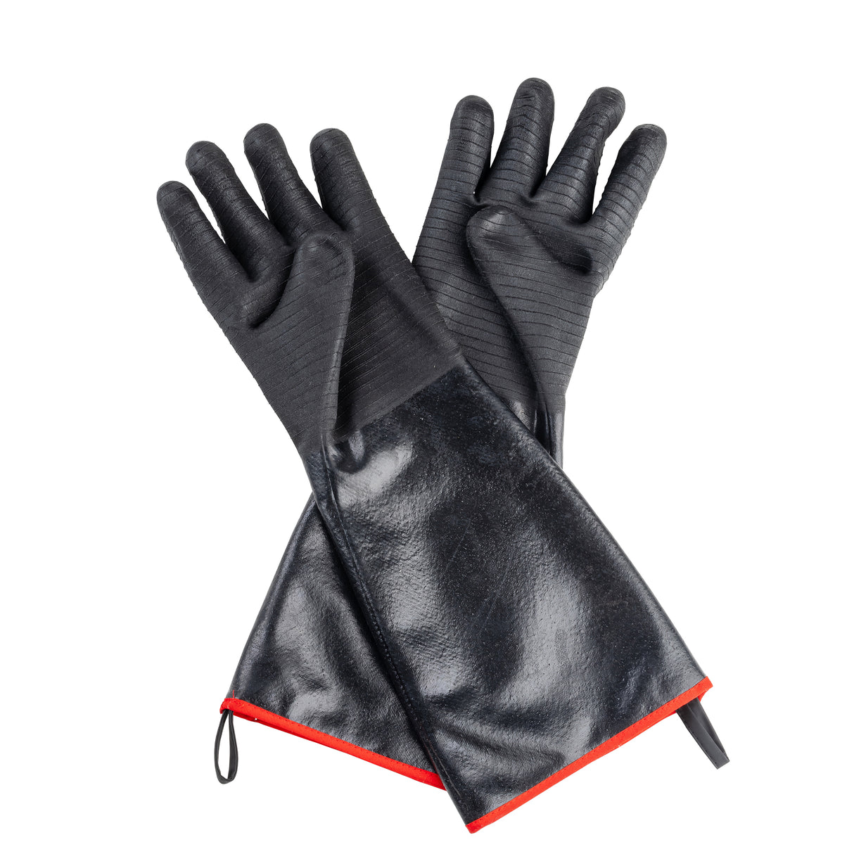 A pair of long black Neoprene Gloves with textured fingers and palms, glossy finish on the cuffs, and red trim along the edge. The gloves are laid flat, overlapping, with a small hanging loop at each cuff—perfect for high heat tasks.