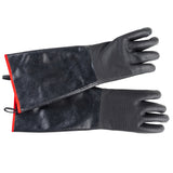 A pair of long, black neoprene gloves with textured fingers and forearms, extending past the wrists. The gloves feature red trim along the open cuffs and a small black hanging loop, laid flat and overlapping on a white background.