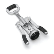 The TableCraft Premium Winged Corkscrew, shown in sleek silver and black metal, features two lever arms, a central corkscrew spiral, wide circular base, and a large handle for twisting. Hand wash only to maintain its quality.