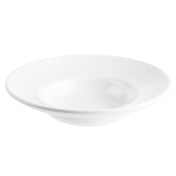 A white, round Pasta Bowl with a wide rim featuring concentric, textured rings. The bowl's glossy melamine finish reflects light, and it is empty, positioned against a plain white background—crafted by TableCraft.