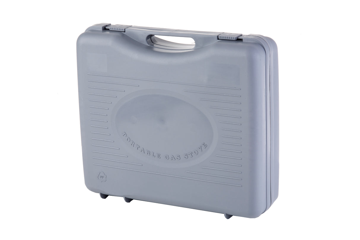 A gray, hard plastic carrying case stands upright on a white background. Designed for a portable Butane Stove, it features a top handle, horizontal grip ridges, and “PORTABLE GAS STOVE” embossed in an oval on the front with visible latches.