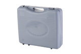 A gray, hard plastic carrying case stands upright on a white background. Designed for a portable Butane Stove, it features a top handle, horizontal grip ridges, and “PORTABLE GAS STOVE” embossed in an oval on the front with visible latches.