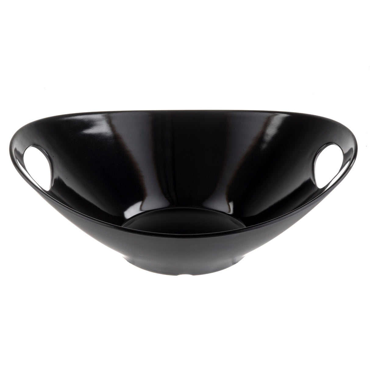 A glossy black Frostone Collection serving bowl with a wide, shallow shape and two large oval handles. Crafted from durable melamine, this modern bowl has a smooth, reflective surface and is dishwasher safe for easy cleaning.