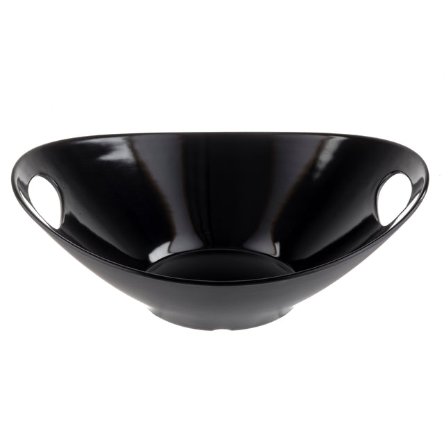 A glossy black Frostone Collection serving bowl with a wide, shallow shape and two large oval handles. Crafted from durable melamine, this modern bowl has a smooth, reflective surface and is dishwasher safe for easy cleaning.
