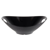 A glossy black, oval-shaped Frostone Collection serving bowl with two cutout handles. This modern, minimalist melamine serving bowl features a smooth curved surface, a small round base, and is dishwasher safe for easy cleaning.
