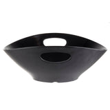 A glossy black melamine serving bowl with a wide, shallow shape and integrated oval cutout handles on opposite sides. Featuring smooth, curved lines and a modern, minimalist design, this dishwasher safe bowl sits against a plain white background.
