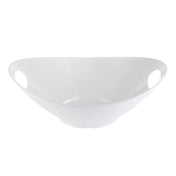 A plain white Frostone Collection Serving Bowl with a wide rim and two oval-shaped handles. This melamine serving bowl features a smooth, glossy surface and a shallow, rounded shape, set against a plain white background. Dishwasher safe for easy cleaning.
