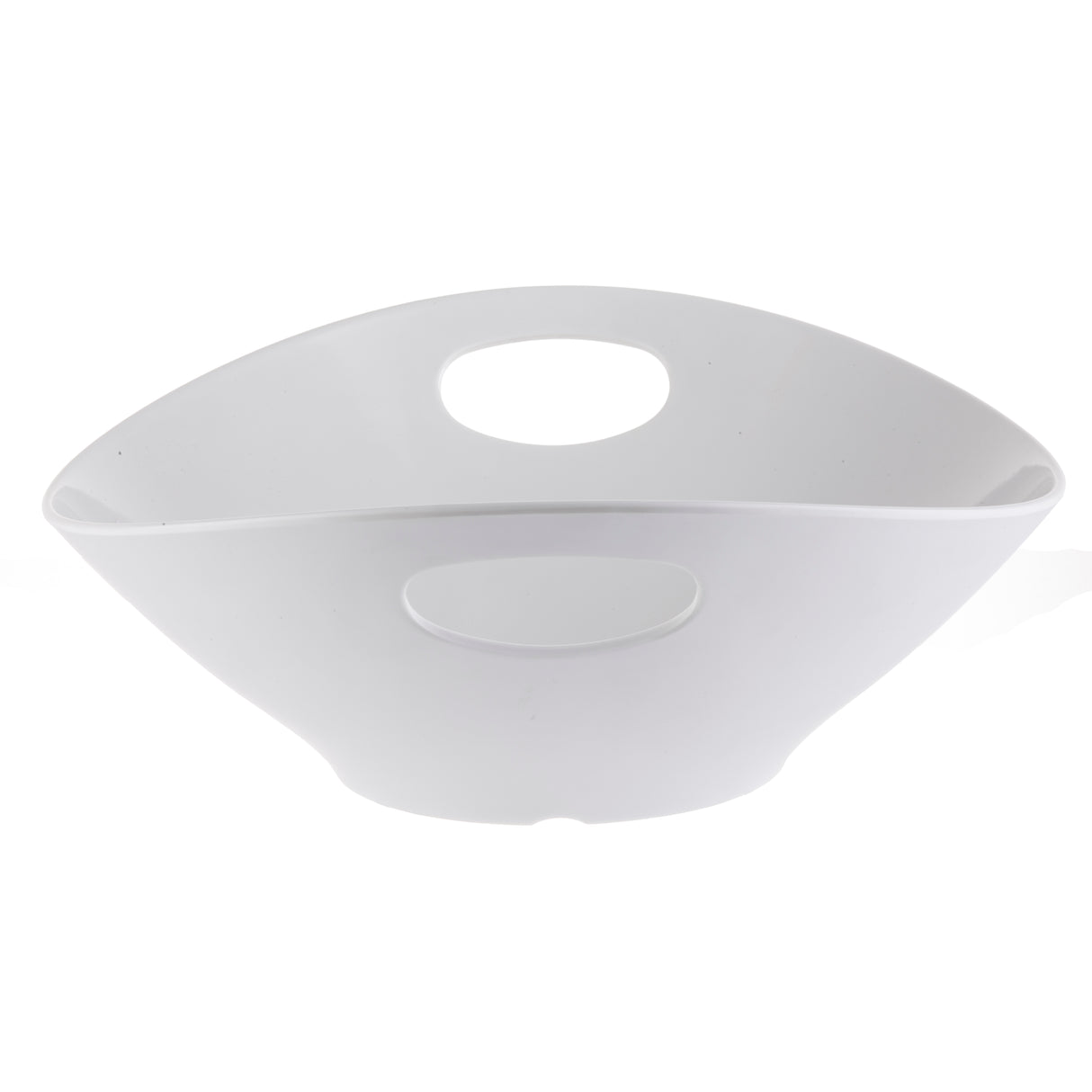 A modern, white melamine serving bowl with wide, curved sides and two built-in oval handles. This dishwasher safe bowl features a smooth, glossy finish and is photographed against a white background.