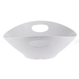 A modern, white melamine serving bowl with wide, curved sides and two built-in oval handles. This dishwasher safe bowl features a smooth, glossy finish and is photographed against a white background.