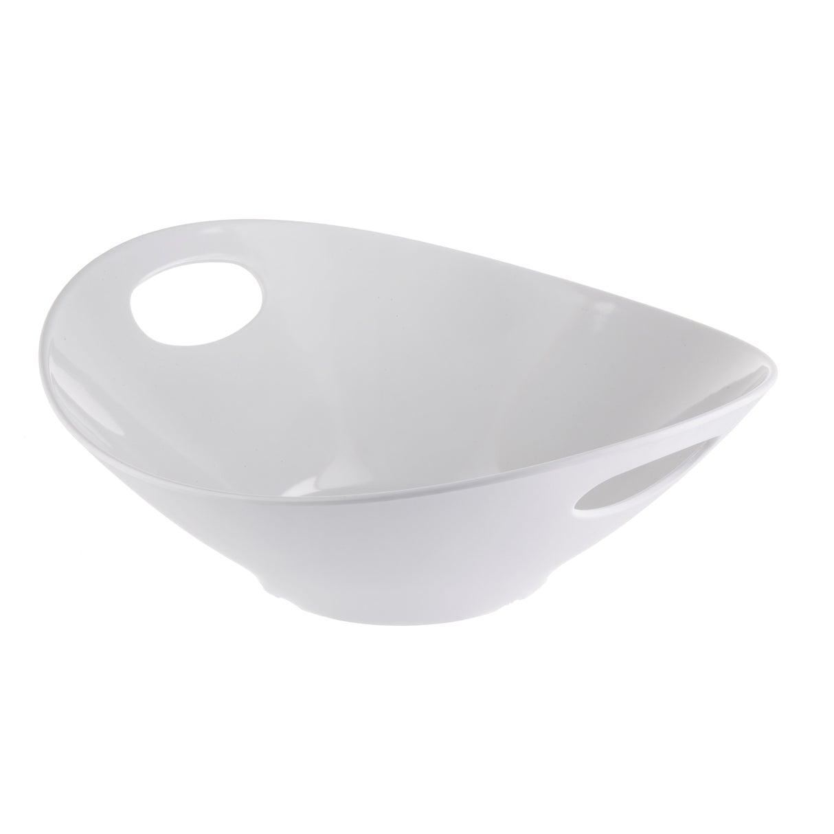 A white, modern, oval-shaped Frostone Collection Serving Bowl with two large circular cutout handles. Sleek and smooth, this melamine serving bowl is dishwasher safe and photographed empty on a white background.