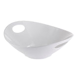 A white, modern, oval-shaped Frostone Collection Serving Bowl with two large circular cutout handles. Sleek and smooth, this melamine serving bowl is dishwasher safe and photographed empty on a white background.