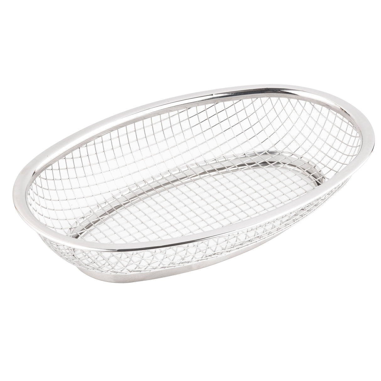A shiny, oval-shaped TableCraft Classic Basket made of stainless steel is shown against a white background. The basket has a grid-like mesh design with a solid rim and base, perfect for holding bread or small items.
