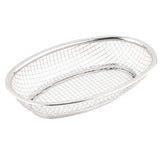 A shiny, oval-shaped TableCraft Classic Basket made of stainless steel is shown against a white background. The basket has a grid-like mesh design with a solid rim and base, perfect for holding bread or small items.
