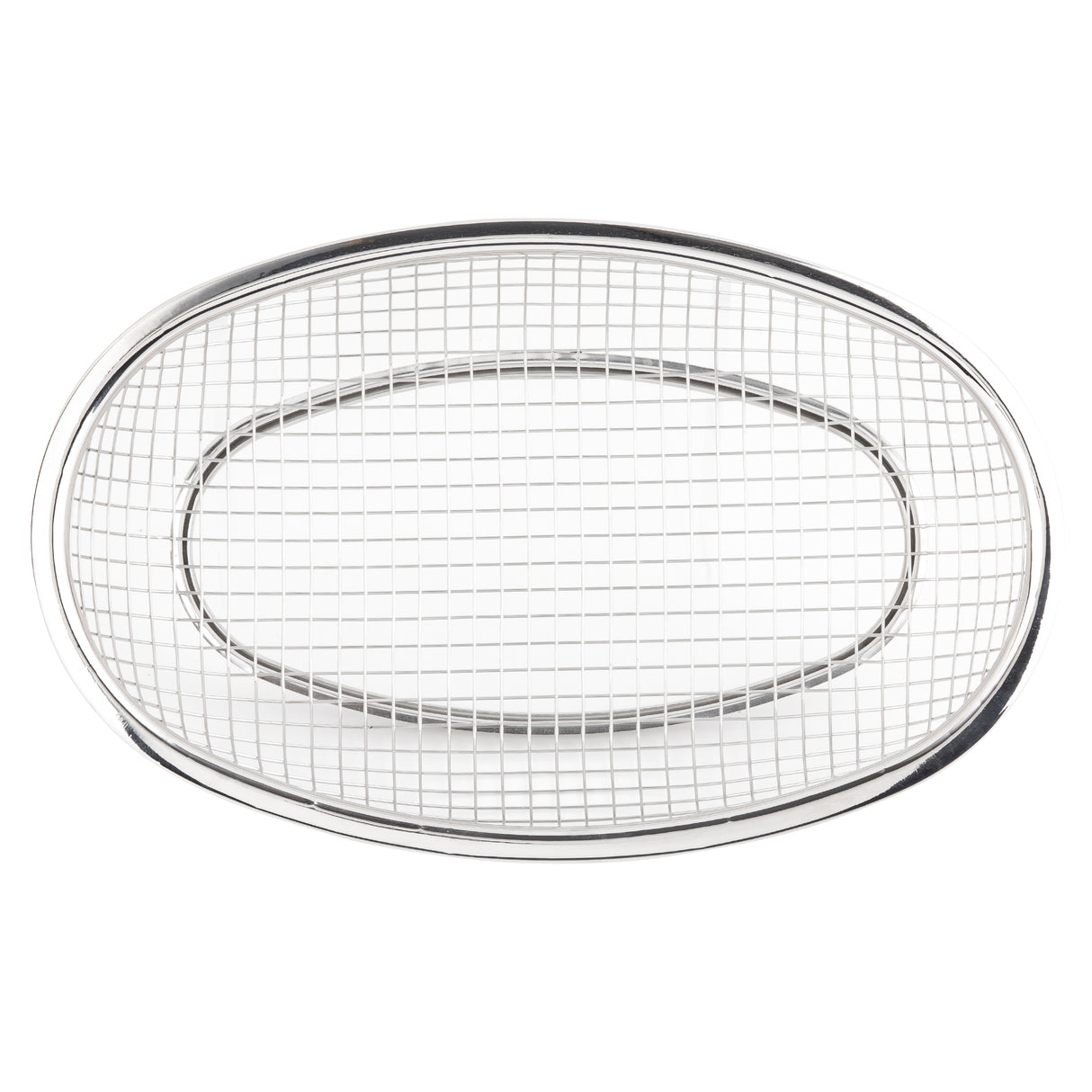 An oval-shaped TableCraft cooling rack with a stainless steel grid pattern and a smooth, shiny frame. The rack features a raised edge and is photographed from above against a white background.