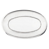 An oval-shaped TableCraft cooling rack with a stainless steel grid pattern and a smooth, shiny frame. The rack features a raised edge and is photographed from above against a white background.