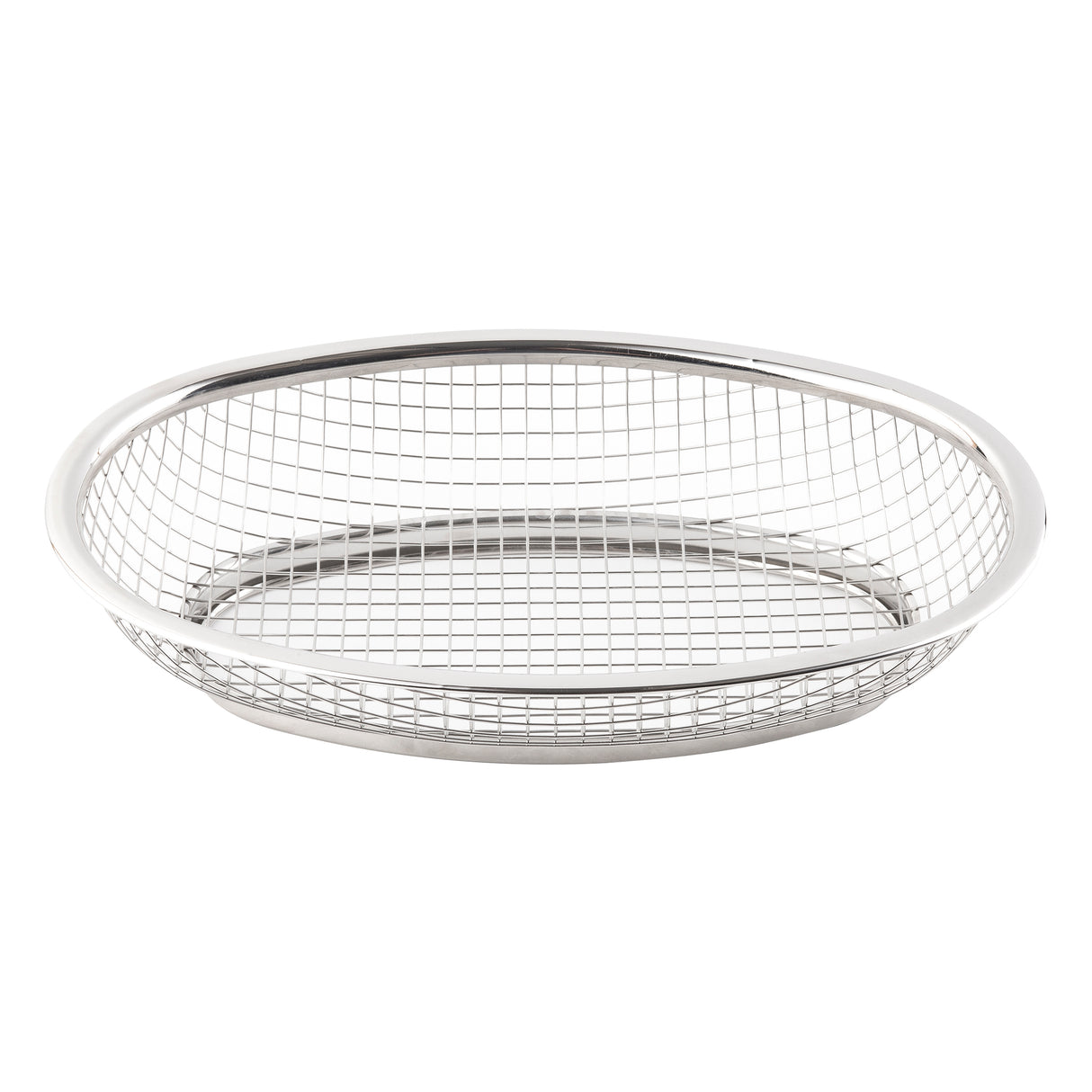 A round, shallow Classic Basket made of stainless steel with a mesh pattern on the sides and base. This TableCraft basket features a smooth, solid rim and is empty, set against a plain white background.