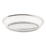 A round, shallow Classic Basket made of stainless steel with a mesh pattern on the sides and base. This TableCraft basket features a smooth, solid rim and is empty, set against a plain white background.