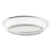 A round, shallow Classic Basket made of stainless steel with a mesh pattern on the sides and base. This TableCraft basket features a smooth, solid rim and is empty, set against a plain white background.
