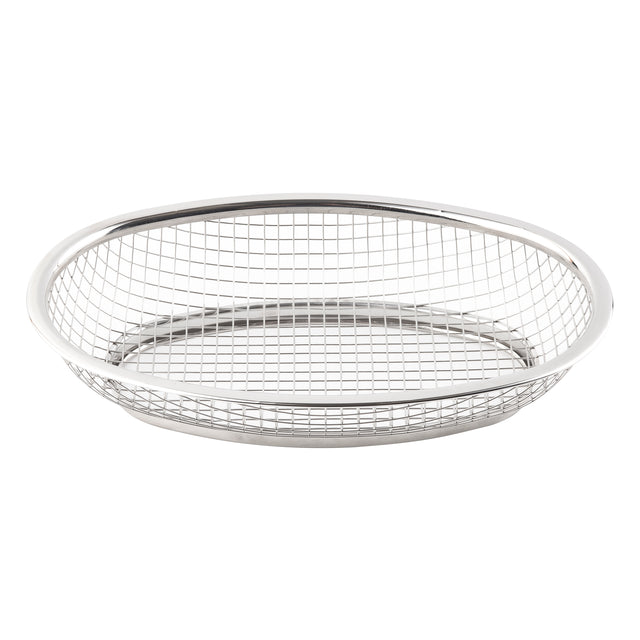 A round, shallow Classic Basket made of stainless steel with a mesh pattern on the sides and base. This TableCraft basket features a smooth, solid rim and is empty, set against a plain white background.
