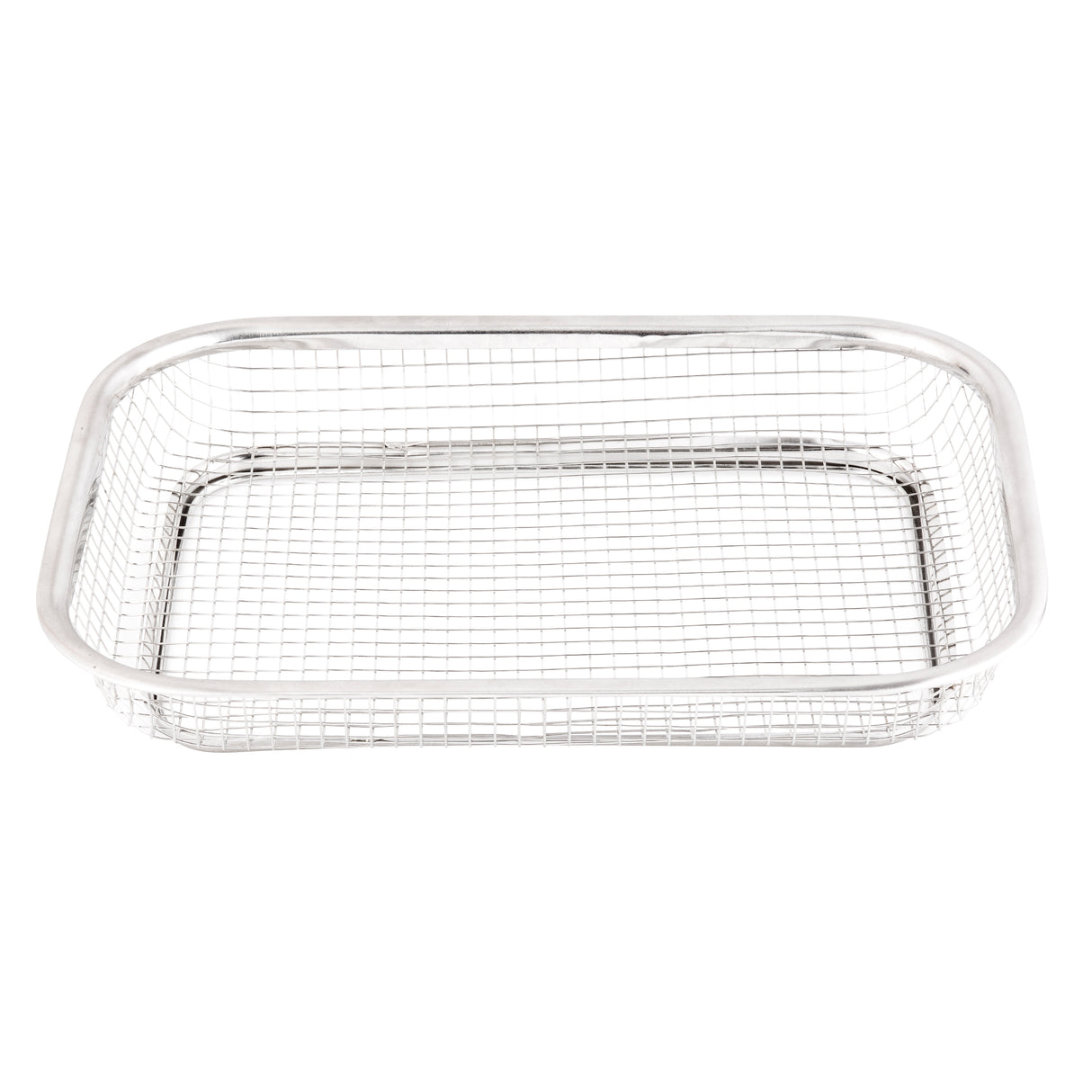 The TableCraft Grande Basket is a rectangular, shallow wire basket crafted from shiny, polished stainless steel with a grid pattern and rounded corners. The empty basket is photographed against a white background.