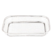 The TableCraft Grande Basket is a rectangular, shallow wire basket crafted from shiny, polished stainless steel with a grid pattern and rounded corners. The empty basket is photographed against a white background.