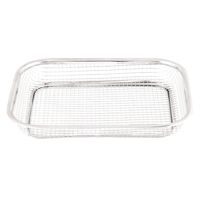 The TableCraft Grande Basket is a rectangular, shallow wire basket crafted from shiny, polished stainless steel with a grid pattern and rounded corners. The empty basket is photographed against a white background.