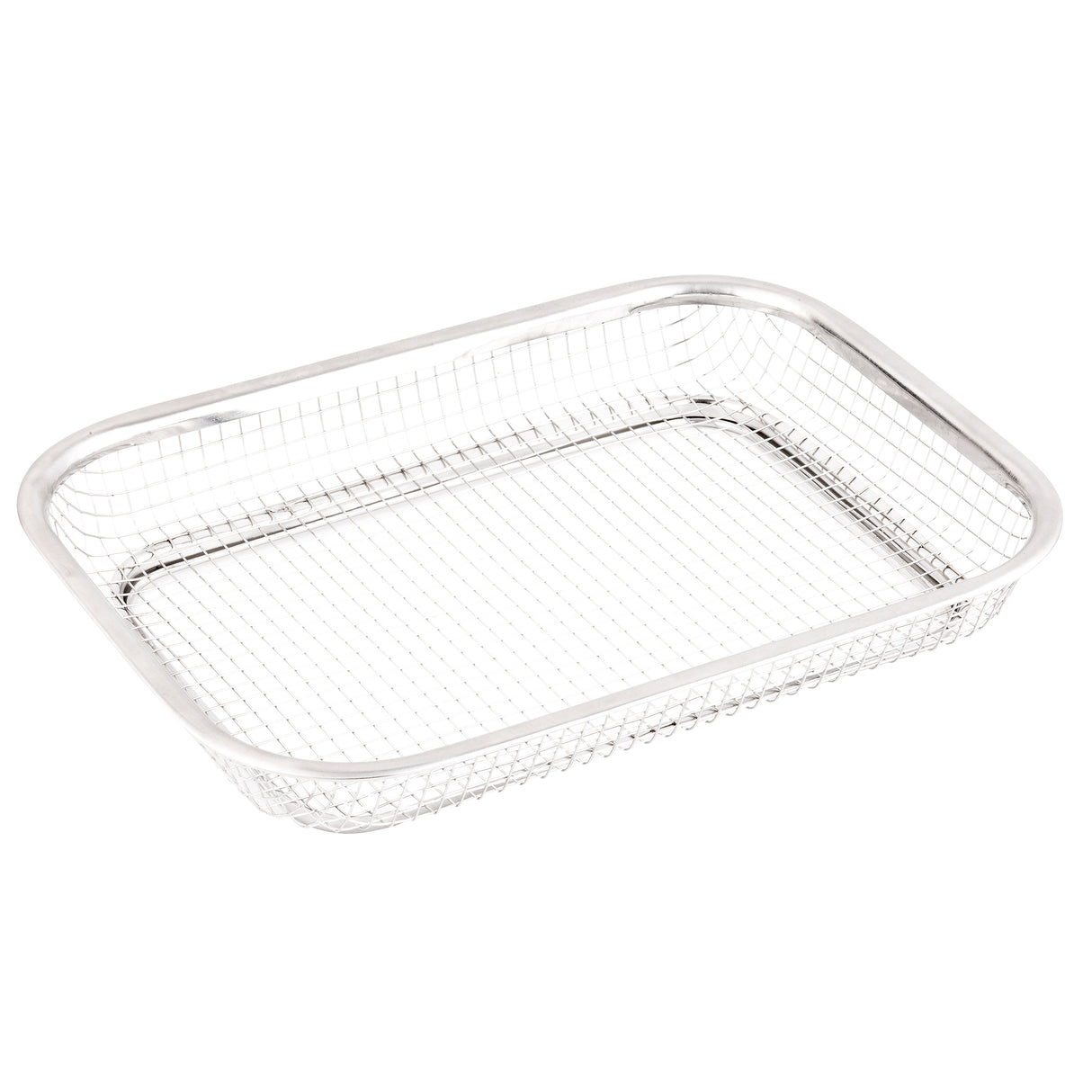 The TableCraft Grande Basket is a rectangular wire mesh basket made of shiny stainless steel with rounded corners and raised edges. Its fine wire mesh allows for ventilation, making it perfect for draining or holding items.
