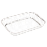 The TableCraft Grande Basket is a rectangular wire mesh basket made of shiny stainless steel with rounded corners and raised edges. Its fine wire mesh allows for ventilation, making it perfect for draining or holding items.