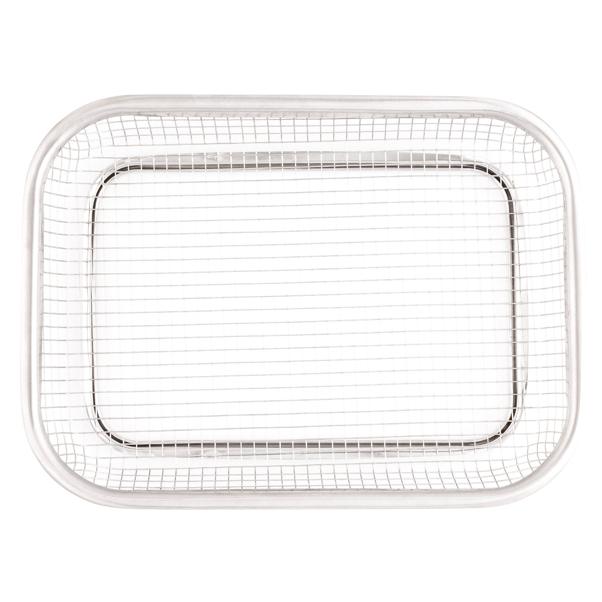 A TableCraft Grande Basket, this rectangular stainless steel wire mesh basket features rounded corners and a sturdy frame. Shown from above against a white background, its evenly spaced mesh grid keeps the basket looking empty and clean.