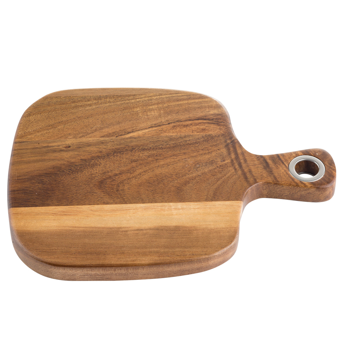 A rectangular TableCraft bread board made from acacia wood with rounded edges and a short handle featuring a metal ring insert. The two-tone grain pattern is smooth and polished, photographed empty against a white background.