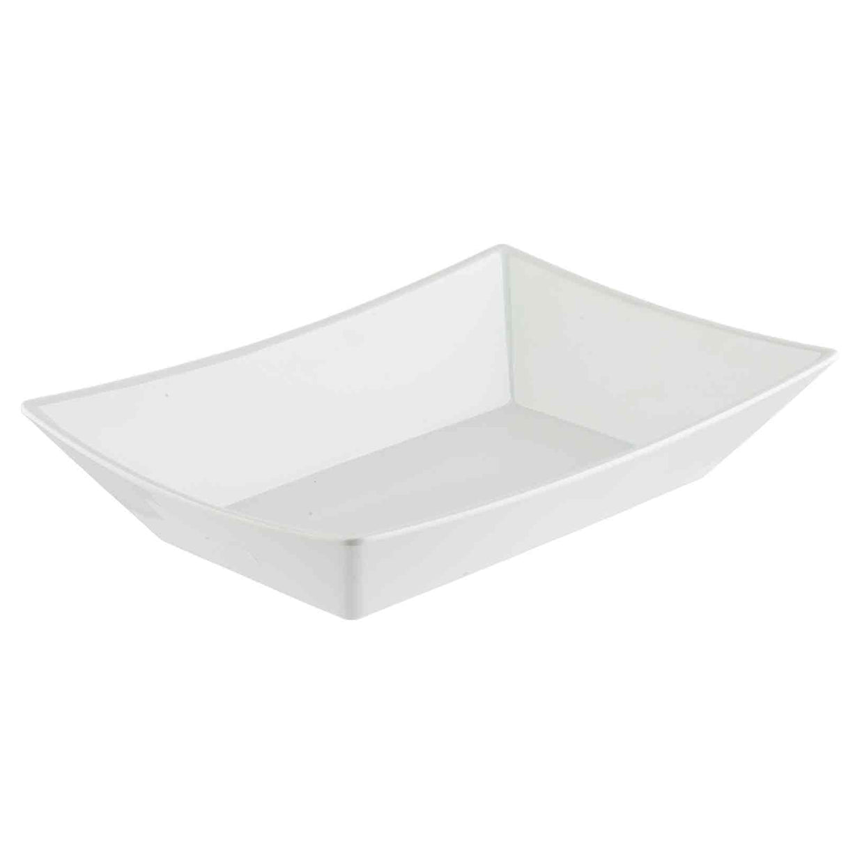 A plain, rectangular white ceramic fry tray with slightly flared sides and a glossy finish, photographed against a white background. The dish has clean, simple lines and no visible decorations.