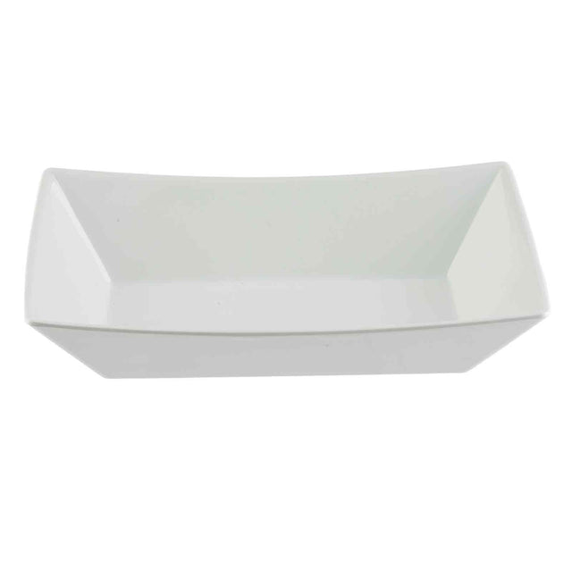 A plain, white, rectangular melamine bowl with slightly flared sides and a smooth surface, photographed on a white background from a slightly elevated angle. The bowl is empty and minimalist in design, ideal as a fry tray in the Better Burger Collection.