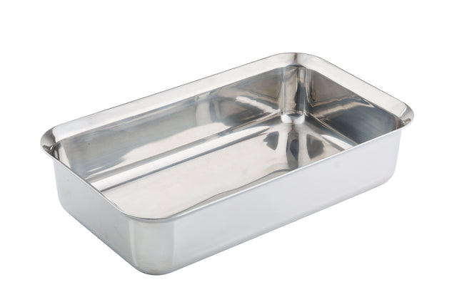 A rectangular, deep Tri-Ply Serving Pan with rounded corners and high sides, placed on a white background. The shiny stainless steel pan features smooth, reflective surfaces and is compatible with induction cooktops.