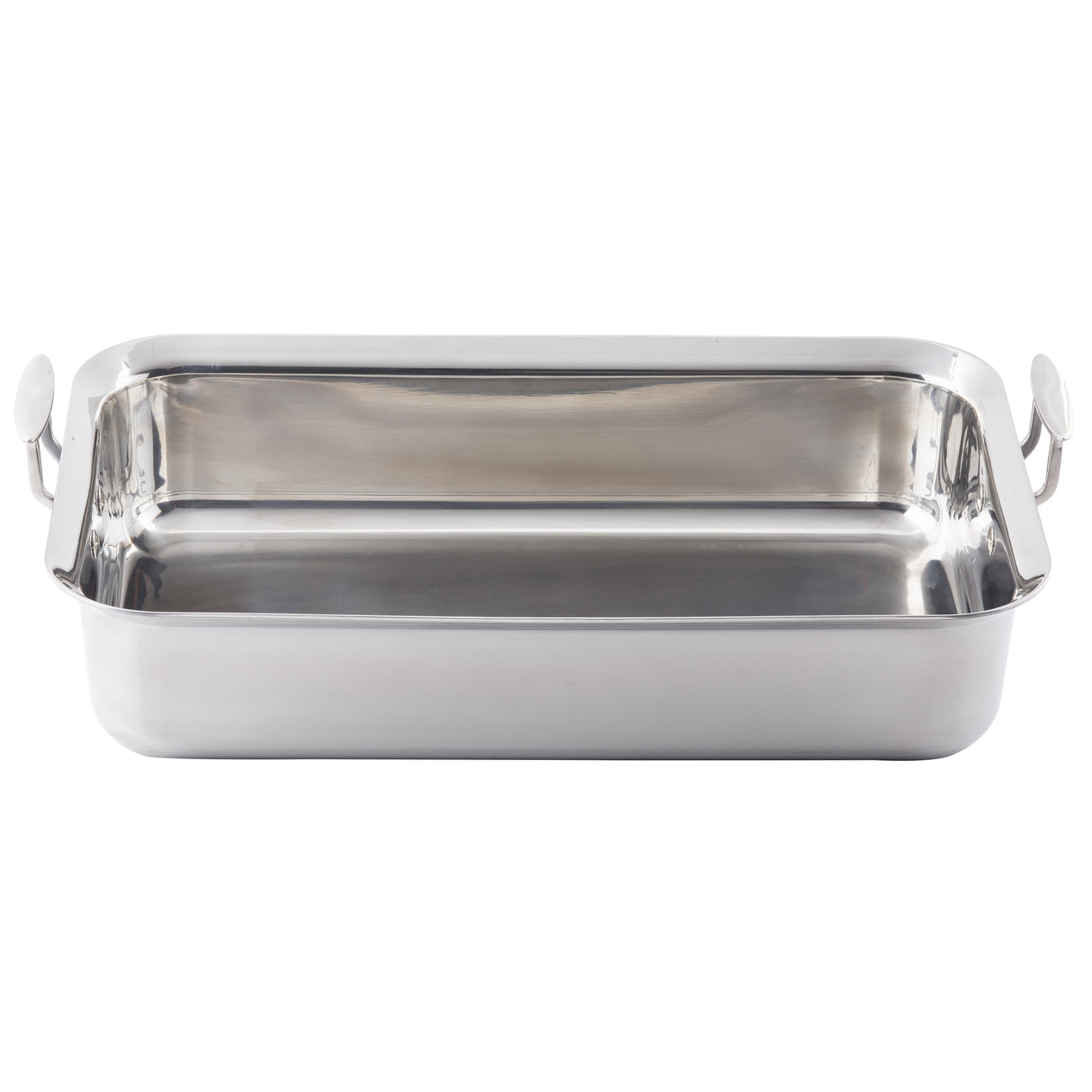 A rectangular Tri-Ply Serving Pan with rounded corners and two sturdy, circular side handles. This stainless steel serving pan boasts a smooth, reflective finish and is shown on a plain white background.