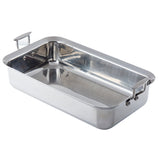 A rectangular Tri-Ply Serving Pan with two sturdy handles on each short end. This stainless steel serving pan features a shiny, reflective surface and straight sides, perfect for roasting meat or vegetables. The interior is smooth and uncoated.