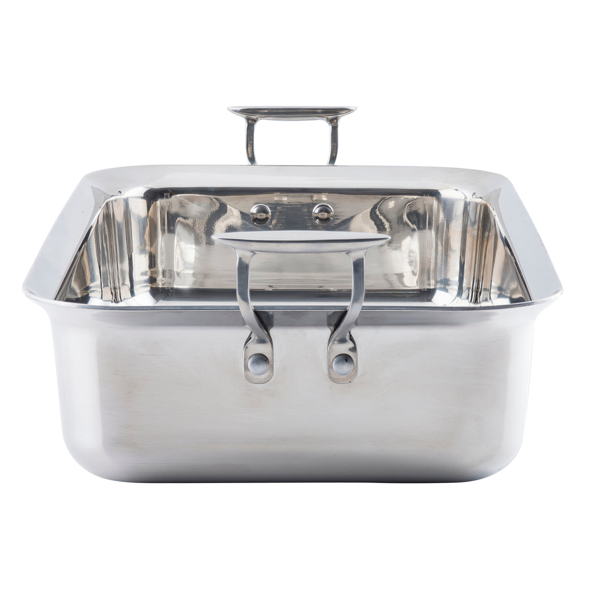 A square, stainless steel serving pan with two sturdy handles, one on each side. The shiny surface reflects light, and the pan is viewed from the front, showing its deep interior and robust construction. This induction safe pan is perfect for any kitchen.
