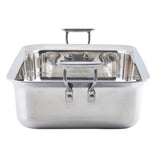 A square, stainless steel serving pan with two sturdy handles, one on each side. The shiny surface reflects light, and the pan is viewed from the front, showing its deep interior and robust construction. This induction safe pan is perfect for any kitchen.